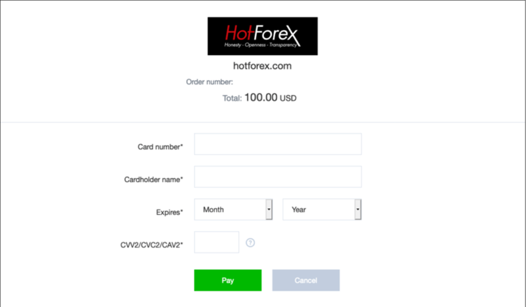 HotForex カード情報の登録フォーム
