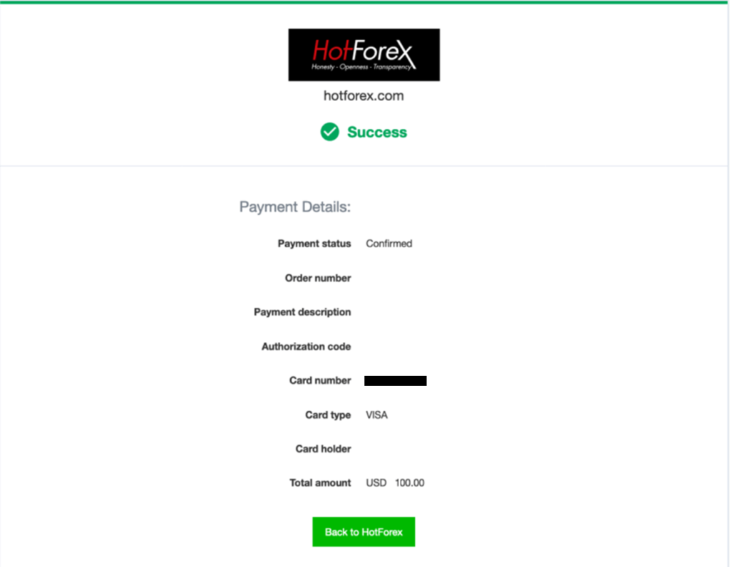 HotForex カード情報の登録フォーム